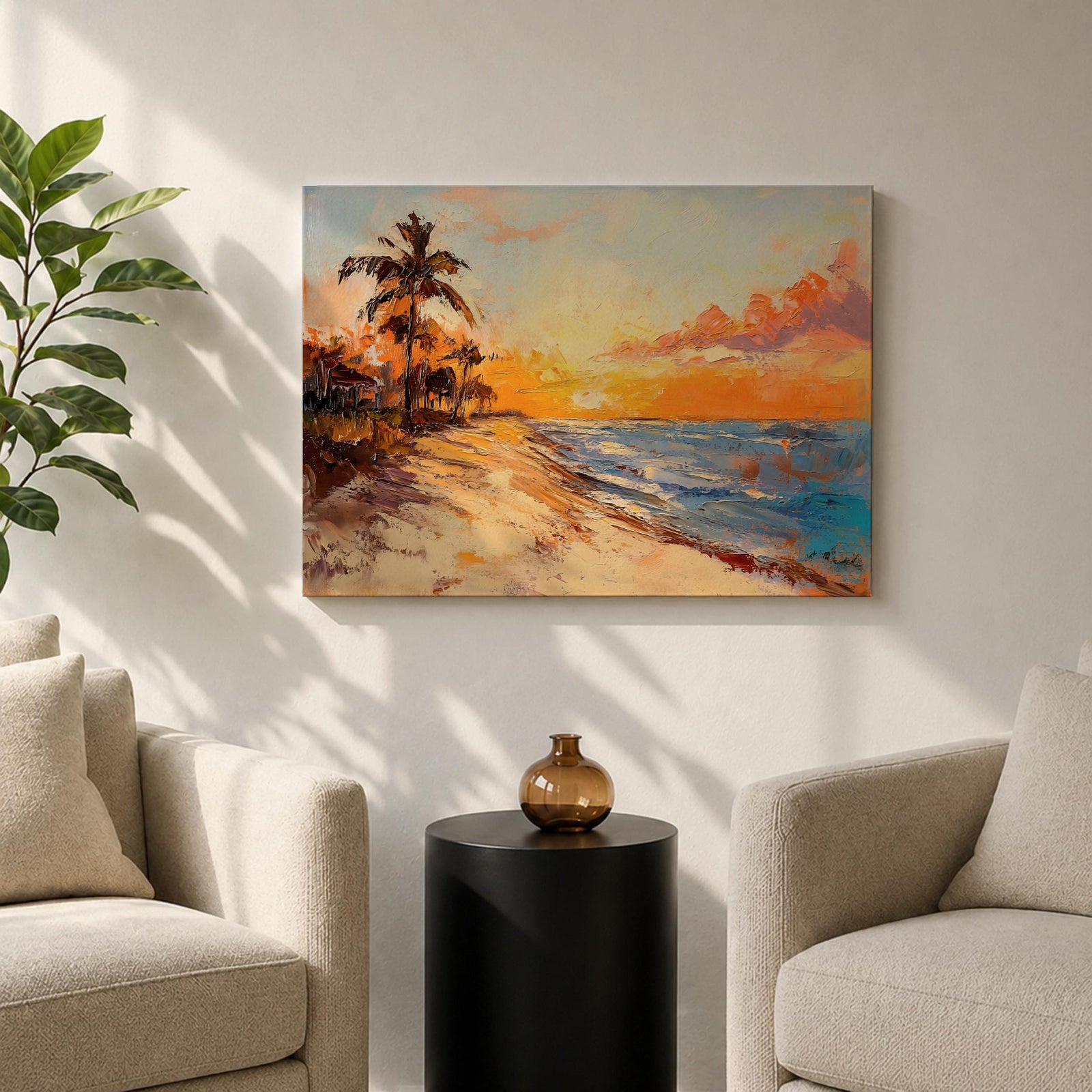 Tropical Sunset Beach Wall Art Florida Keys Framed Canvas Coastal Impasto Living Room Decor