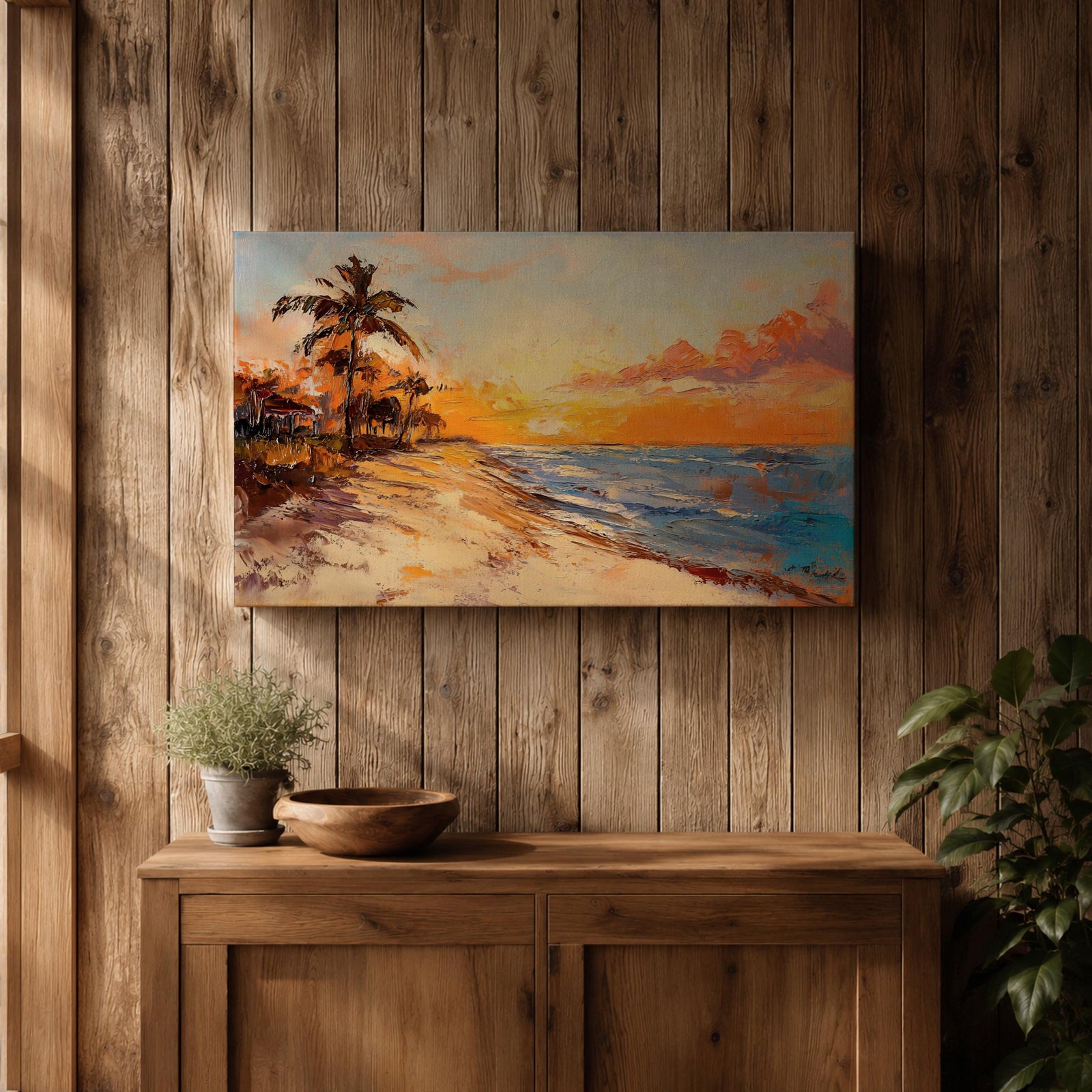 Tropical Sunset Beach Wall Art Florida Keys Framed Canvas Coastal Impasto Living Room Decor