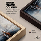 A framed canvas painting depicting a serene winter lake landscape with bare trees reflected in still water. The scene features a quiet woodland setting with leafless trees and subtle earthy tones, capturing the calm and reflective nature of a winter forest by the lake.