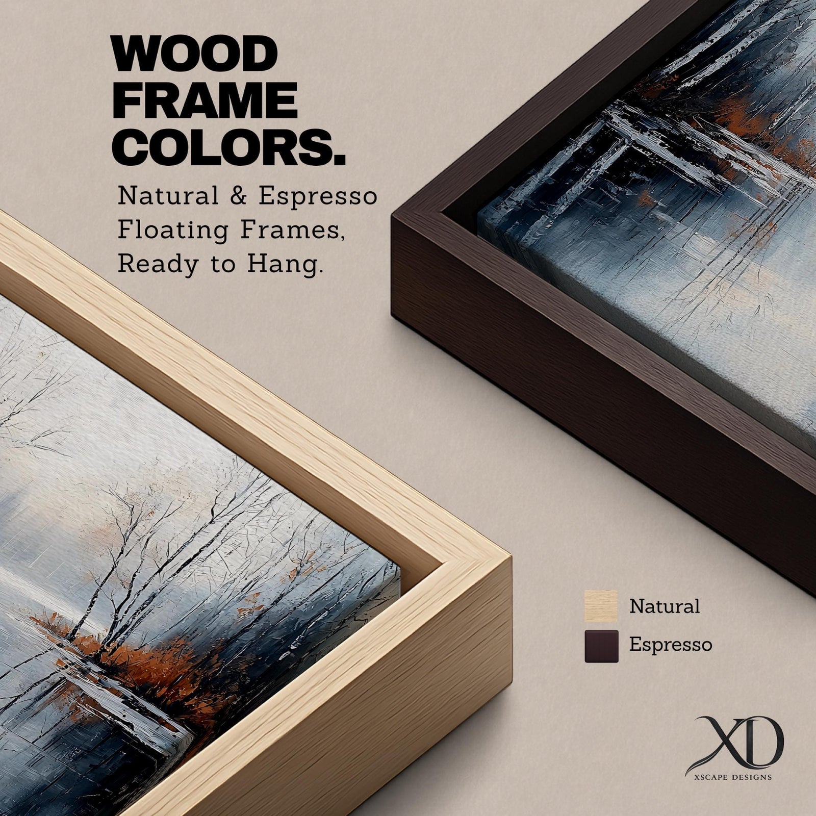 A framed canvas painting depicting a serene winter lake landscape with bare trees reflected in still water. The scene features a quiet woodland setting with leafless trees and subtle earthy tones, capturing the calm and reflective nature of a winter forest by the lake.