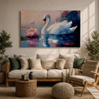 A detailed impasto style painting of a white swan gracefully floating on water beside a blooming pink lotus flower. The artwork captures the serene reflection of the swan and lotus on the water surface with textured brushstrokes emphasizing the natural beauty and tranquility of the scene.