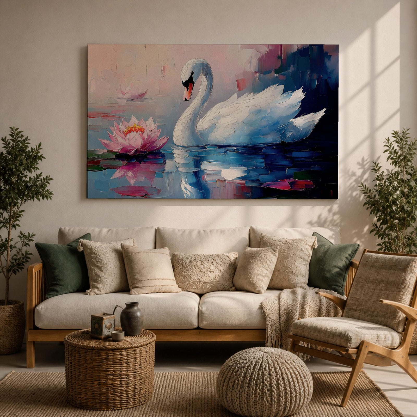A detailed impasto style painting of a white swan gracefully floating on water beside a blooming pink lotus flower. The artwork captures the serene reflection of the swan and lotus on the water surface with textured brushstrokes emphasizing the natural beauty and tranquility of the scene.