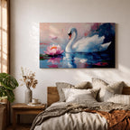 A detailed impasto style painting of a white swan gracefully floating on water beside a blooming pink lotus flower. The artwork captures the serene reflection of the swan and lotus on the water surface with textured brushstrokes emphasizing the natural beauty and tranquility of the scene.
