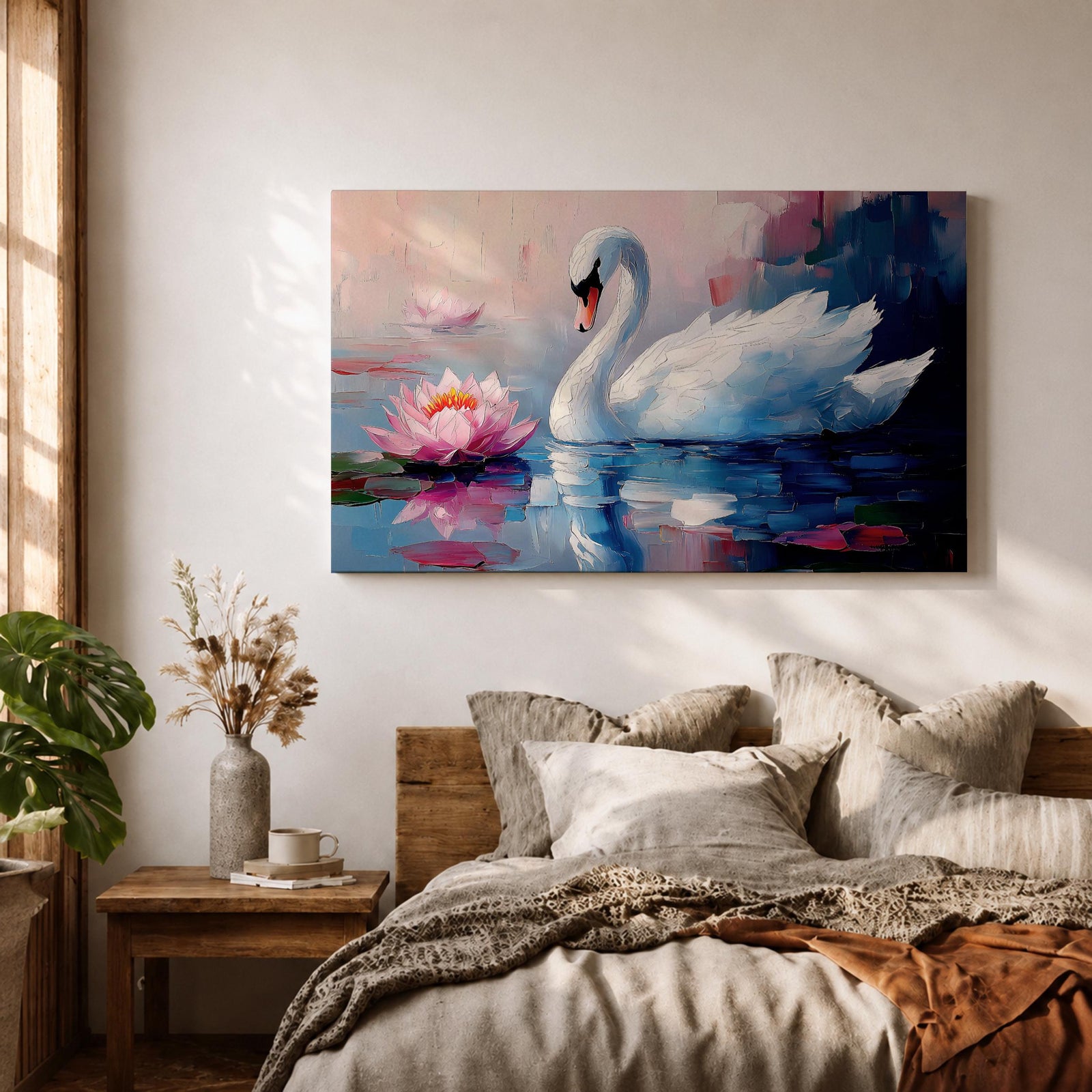 A detailed impasto style painting of a white swan gracefully floating on water beside a blooming pink lotus flower. The artwork captures the serene reflection of the swan and lotus on the water surface with textured brushstrokes emphasizing the natural beauty and tranquility of the scene.