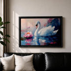 A detailed impasto style painting of a white swan gracefully floating on water beside a blooming pink lotus flower. The artwork captures the serene reflection of the swan and lotus on the water surface with textured brushstrokes emphasizing the natural beauty and tranquility of the scene.