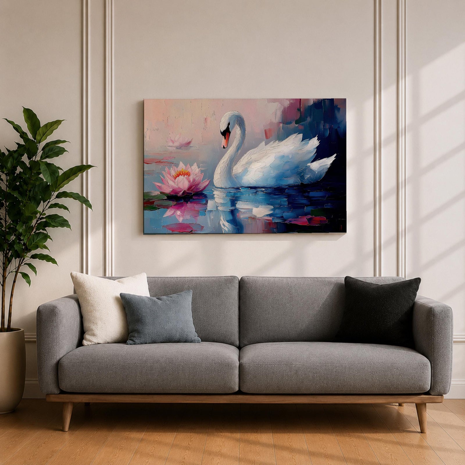 A detailed impasto style painting of a white swan gracefully floating on water beside a blooming pink lotus flower. The artwork captures the serene reflection of the swan and lotus on the water surface with textured brushstrokes emphasizing the natural beauty and tranquility of the scene.