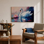 A detailed impasto style painting of a white swan gracefully floating on water beside a blooming pink lotus flower. The artwork captures the serene reflection of the swan and lotus on the water surface with textured brushstrokes emphasizing the natural beauty and tranquility of the scene.