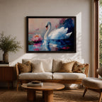 A detailed impasto style painting of a white swan gracefully floating on water beside a blooming pink lotus flower. The artwork captures the serene reflection of the swan and lotus on the water surface with textured brushstrokes emphasizing the natural beauty and tranquility of the scene.