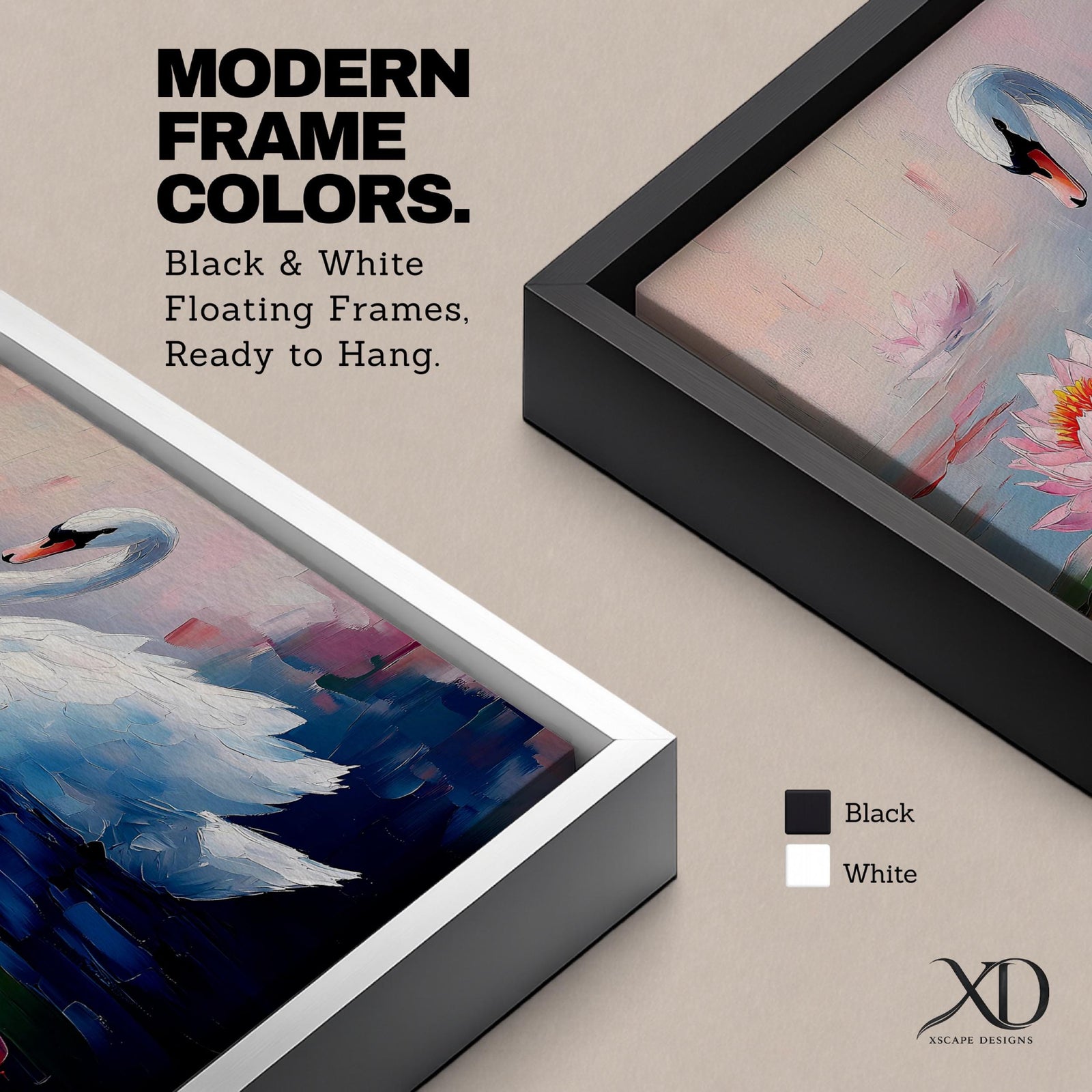 A detailed impasto style painting of a white swan gracefully floating on water beside a blooming pink lotus flower. The artwork captures the serene reflection of the swan and lotus on the water surface with textured brushstrokes emphasizing the natural beauty and tranquility of the scene.