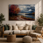 A framed canvas painting depicting an autumn landscape with a winding path along a riverbank, bordered by trees with vibrant fall foliage. The scene captures a moody sky with clouds, rendered in a vintage style emphasizing texture and rich colors.