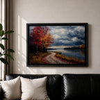 A framed canvas painting depicting an autumn landscape with a winding path along a riverbank, bordered by trees with vibrant fall foliage. The scene captures a moody sky with clouds, rendered in a vintage style emphasizing texture and rich colors.
