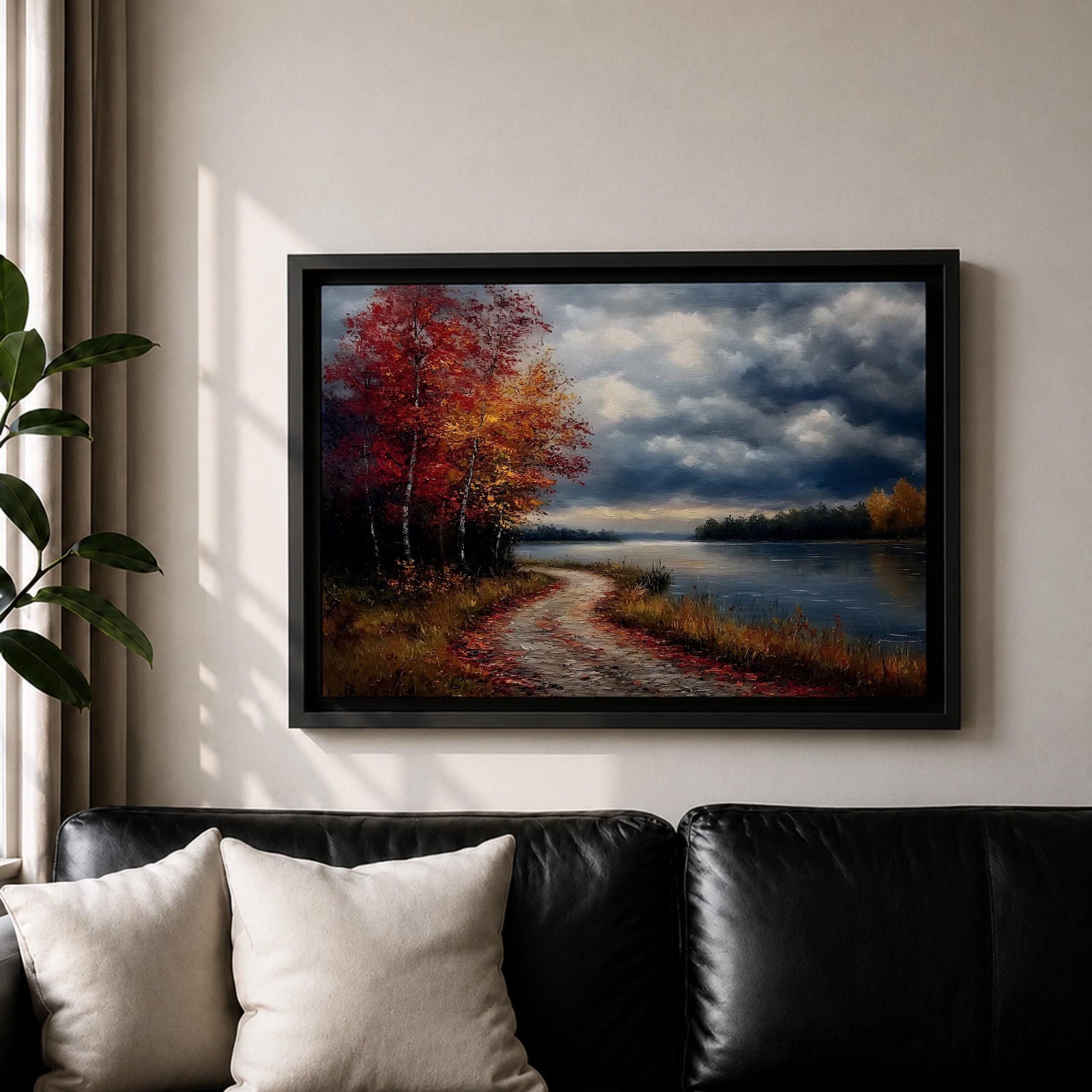 A framed canvas painting depicting an autumn landscape with a winding path along a riverbank, bordered by trees with vibrant fall foliage. The scene captures a moody sky with clouds, rendered in a vintage style emphasizing texture and rich colors.