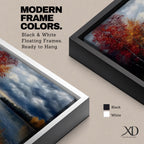 A framed canvas painting depicting an autumn landscape with a winding path along a riverbank, bordered by trees with vibrant fall foliage. The scene captures a moody sky with clouds, rendered in a vintage style emphasizing texture and rich colors.