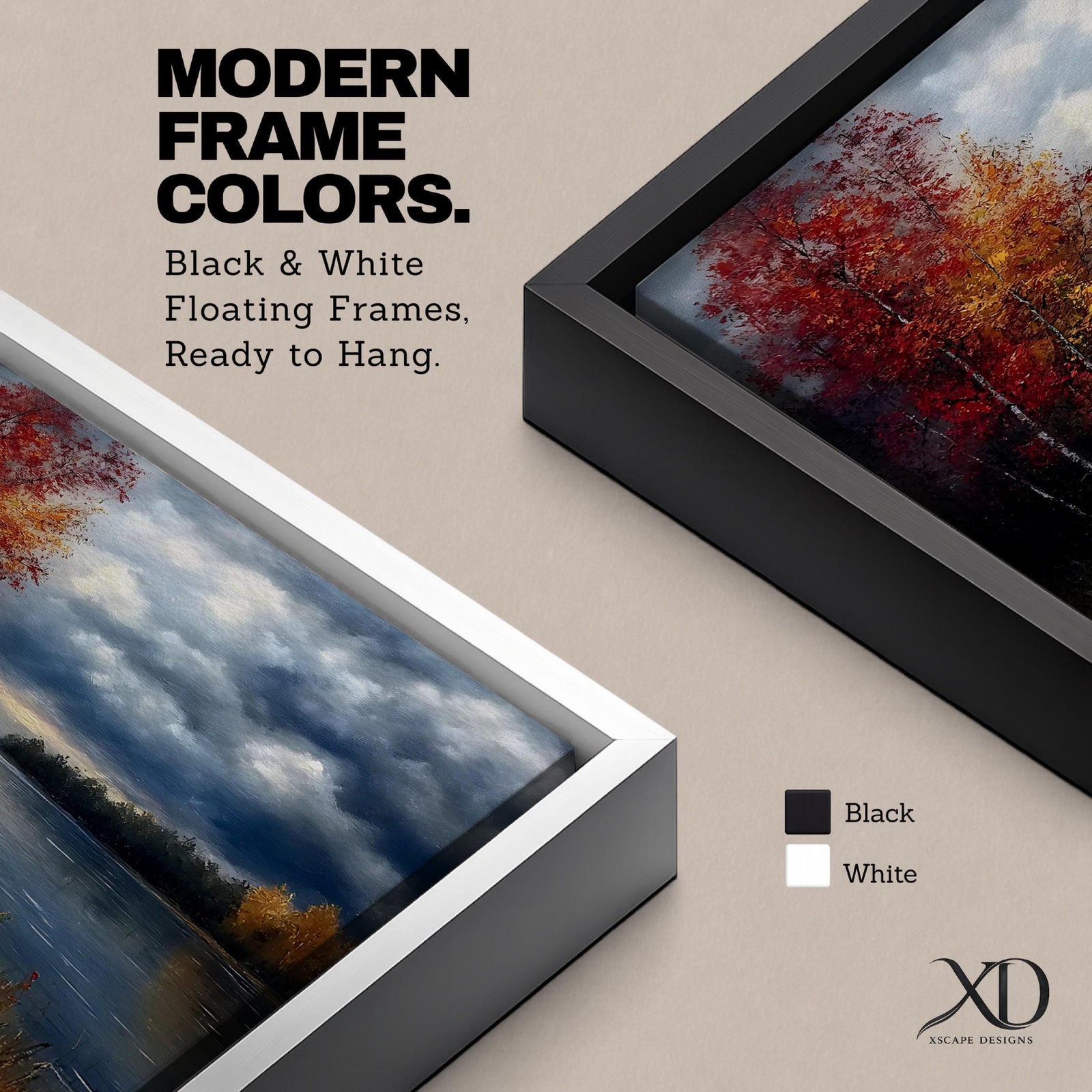A framed canvas painting depicting an autumn landscape with a winding path along a riverbank, bordered by trees with vibrant fall foliage. The scene captures a moody sky with clouds, rendered in a vintage style emphasizing texture and rich colors.