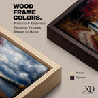 A framed canvas painting depicting an autumn landscape with a winding path along a riverbank, bordered by trees with vibrant fall foliage. The scene captures a moody sky with clouds, rendered in a vintage style emphasizing texture and rich colors.