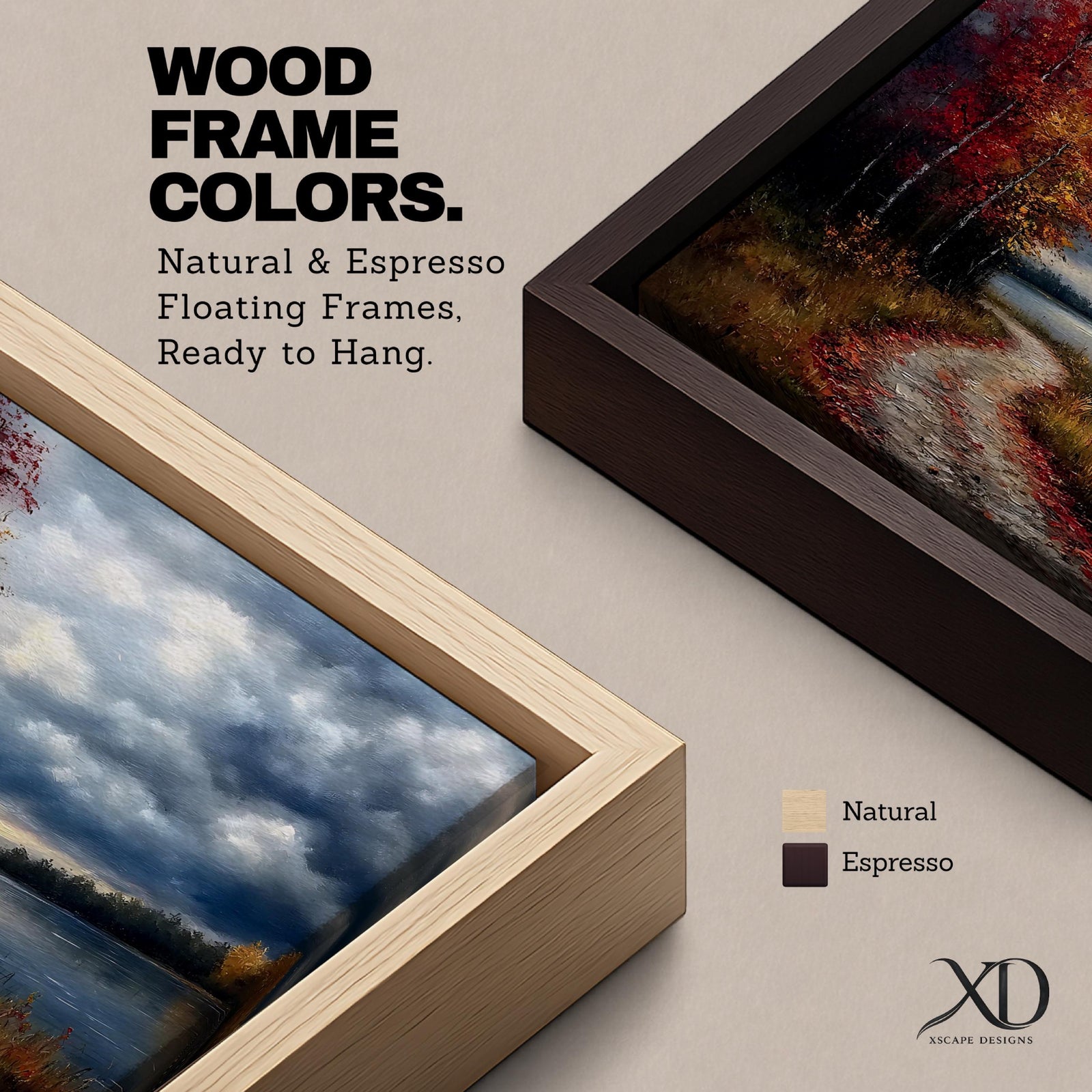 A framed canvas painting depicting an autumn landscape with a winding path along a riverbank, bordered by trees with vibrant fall foliage. The scene captures a moody sky with clouds, rendered in a vintage style emphasizing texture and rich colors.