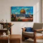 Impasto style painting of Masjid Al Aqsa complex in Jerusalem featuring the Dome of the Rock with its golden dome rising above the Temple Mount and surrounding Al Quds skyline, rendered with expressive brush strokes across a vivid blue sky and detailed mosque architecture within the historic city landscape.