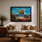 Impasto style painting of Masjid Al Aqsa complex in Jerusalem featuring the Dome of the Rock with its golden dome rising above the Temple Mount and surrounding Al Quds skyline, rendered with expressive brush strokes across a vivid blue sky and detailed mosque architecture within the historic city landscape.