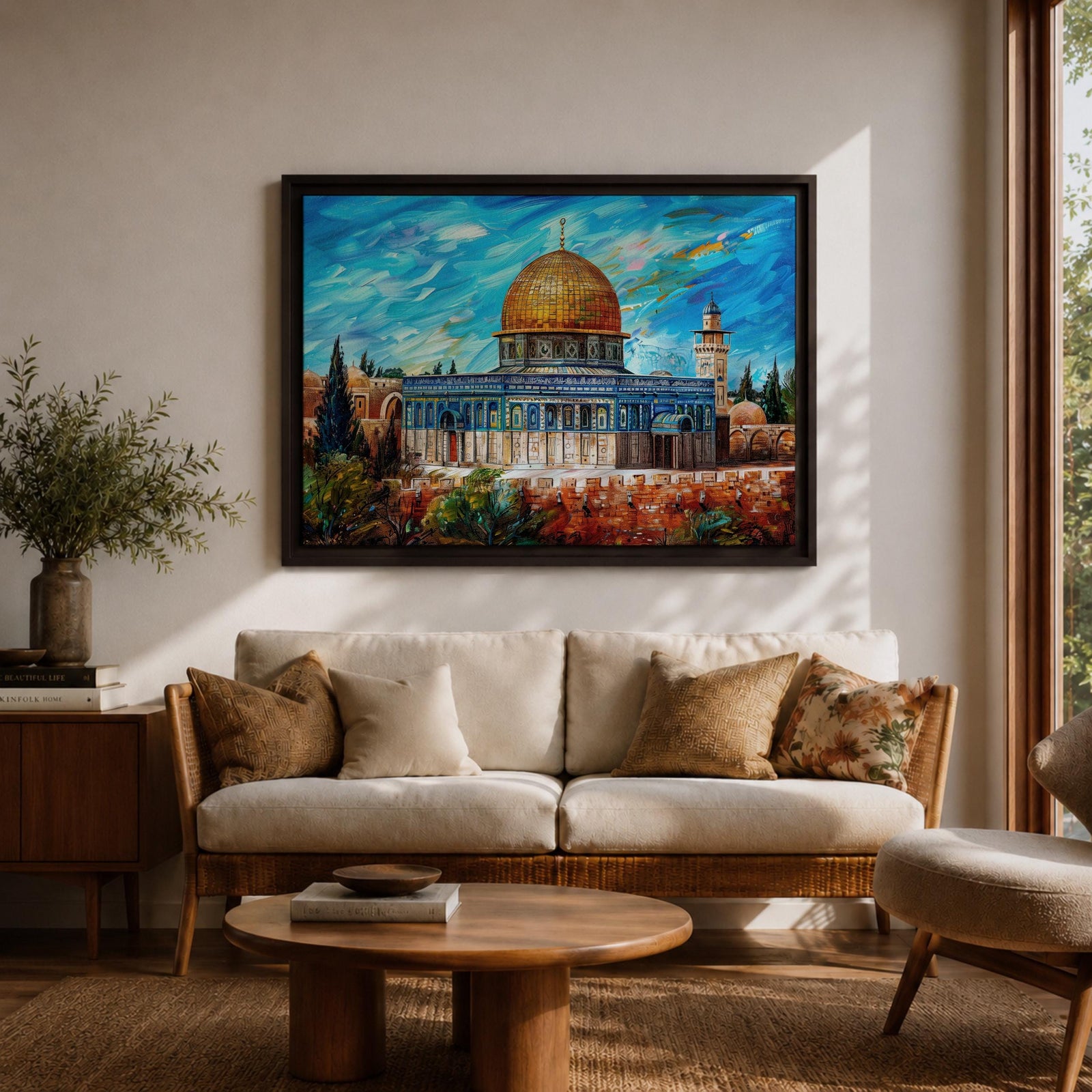 Impasto style painting of Masjid Al Aqsa complex in Jerusalem featuring the Dome of the Rock with its golden dome rising above the Temple Mount and surrounding Al Quds skyline, rendered with expressive brush strokes across a vivid blue sky and detailed mosque architecture within the historic city landscape.