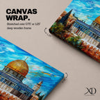 Impasto style painting of Masjid Al Aqsa complex in Jerusalem featuring the Dome of the Rock with its golden dome rising above the Temple Mount and surrounding Al Quds skyline, rendered with expressive brush strokes across a vivid blue sky and detailed mosque architecture within the historic city landscape.