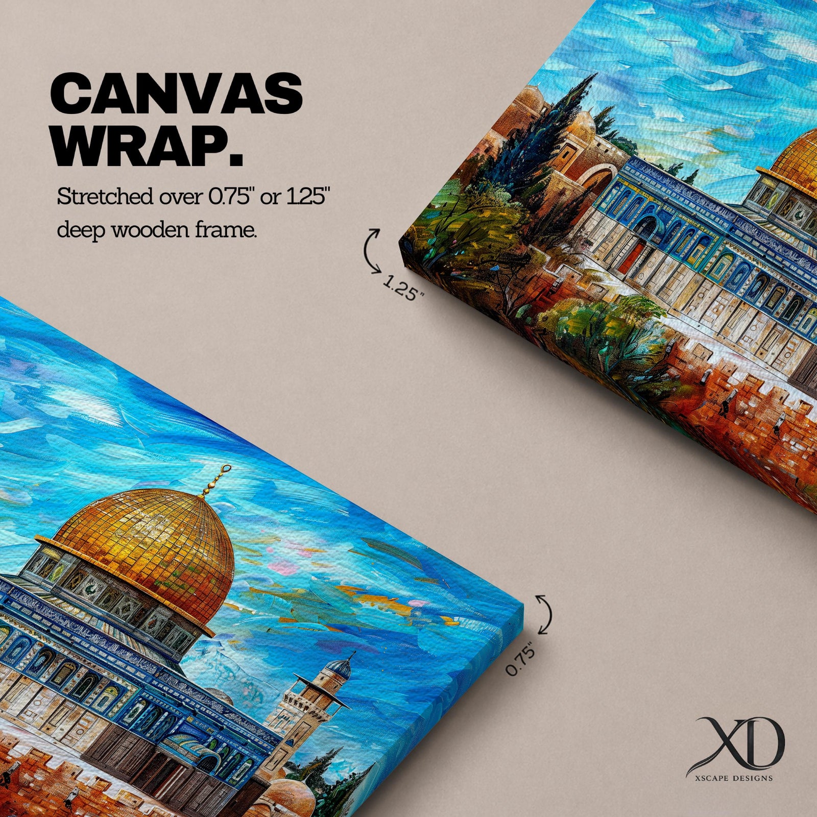 Impasto style painting of Masjid Al Aqsa complex in Jerusalem featuring the Dome of the Rock with its golden dome rising above the Temple Mount and surrounding Al Quds skyline, rendered with expressive brush strokes across a vivid blue sky and detailed mosque architecture within the historic city landscape.