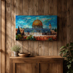 Impasto style painting of Masjid Al Aqsa complex in Jerusalem featuring the Dome of the Rock with its golden dome rising above the Temple Mount and surrounding Al Quds skyline, rendered with expressive brush strokes across a vivid blue sky and detailed mosque architecture within the historic city landscape.