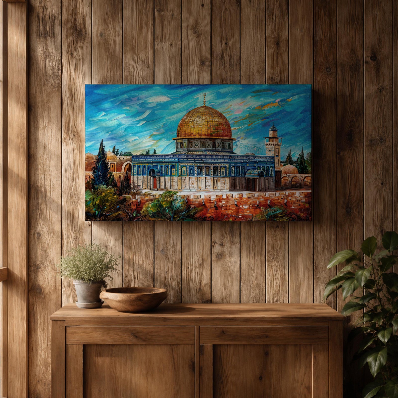 Impasto style painting of Masjid Al Aqsa complex in Jerusalem featuring the Dome of the Rock with its golden dome rising above the Temple Mount and surrounding Al Quds skyline, rendered with expressive brush strokes across a vivid blue sky and detailed mosque architecture within the historic city landscape.
