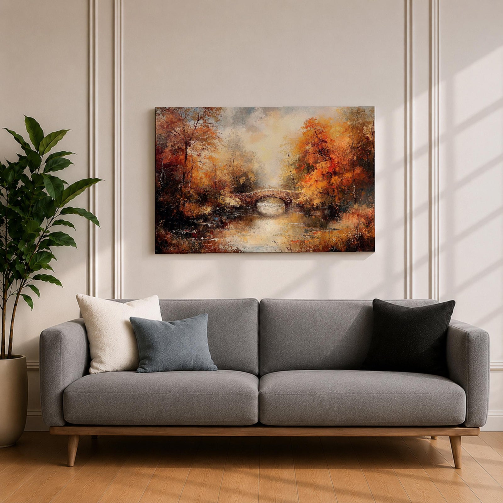 An oil painting of an autumn landscape featuring a stone arch bridge over a calm river surrounded by vibrant fall foliage in warm tones. The vintage style uses textured brushstrokes to create depth and atmosphere, capturing the serene beauty of a rustic woodland scene in autumn.