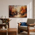 An oil painting of an autumn landscape featuring a stone arch bridge over a calm river surrounded by vibrant fall foliage in warm tones. The vintage style uses textured brushstrokes to create depth and atmosphere, capturing the serene beauty of a rustic woodland scene in autumn.