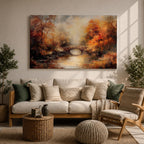 An oil painting of an autumn landscape featuring a stone arch bridge over a calm river surrounded by vibrant fall foliage in warm tones. The vintage style uses textured brushstrokes to create depth and atmosphere, capturing the serene beauty of a rustic woodland scene in autumn.