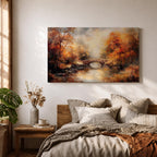 An oil painting of an autumn landscape featuring a stone arch bridge over a calm river surrounded by vibrant fall foliage in warm tones. The vintage style uses textured brushstrokes to create depth and atmosphere, capturing the serene beauty of a rustic woodland scene in autumn.
