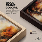 An oil painting of an autumn landscape featuring a stone arch bridge over a calm river surrounded by vibrant fall foliage in warm tones. The vintage style uses textured brushstrokes to create depth and atmosphere, capturing the serene beauty of a rustic woodland scene in autumn.