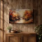 An oil painting of an autumn landscape featuring a stone arch bridge over a calm river surrounded by vibrant fall foliage in warm tones. The vintage style uses textured brushstrokes to create depth and atmosphere, capturing the serene beauty of a rustic woodland scene in autumn.