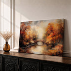 An oil painting of an autumn landscape featuring a stone arch bridge over a calm river surrounded by vibrant fall foliage in warm tones. The vintage style uses textured brushstrokes to create depth and atmosphere, capturing the serene beauty of a rustic woodland scene in autumn.