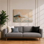 A framed canvas painting depicting a dynamic ocean wave crashing with textured brushstrokes, capturing the natural movement and energy of the sea in a realistic seascape style. The artwork emphasizes the fluidity and power of coastal waters with soft blending and detailed wave crests.