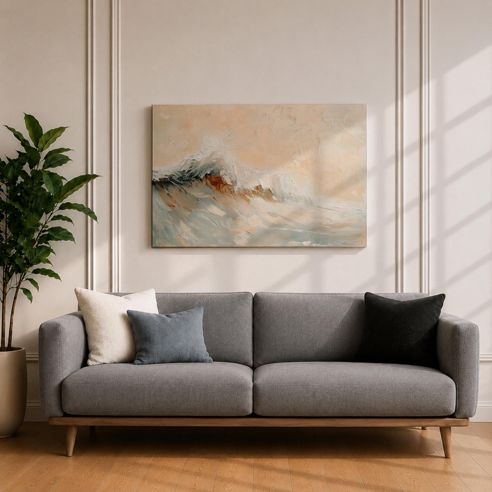 A framed canvas painting depicting a dynamic ocean wave crashing with textured brushstrokes, capturing the natural movement and energy of the sea in a realistic seascape style. The artwork emphasizes the fluidity and power of coastal waters with soft blending and detailed wave crests.