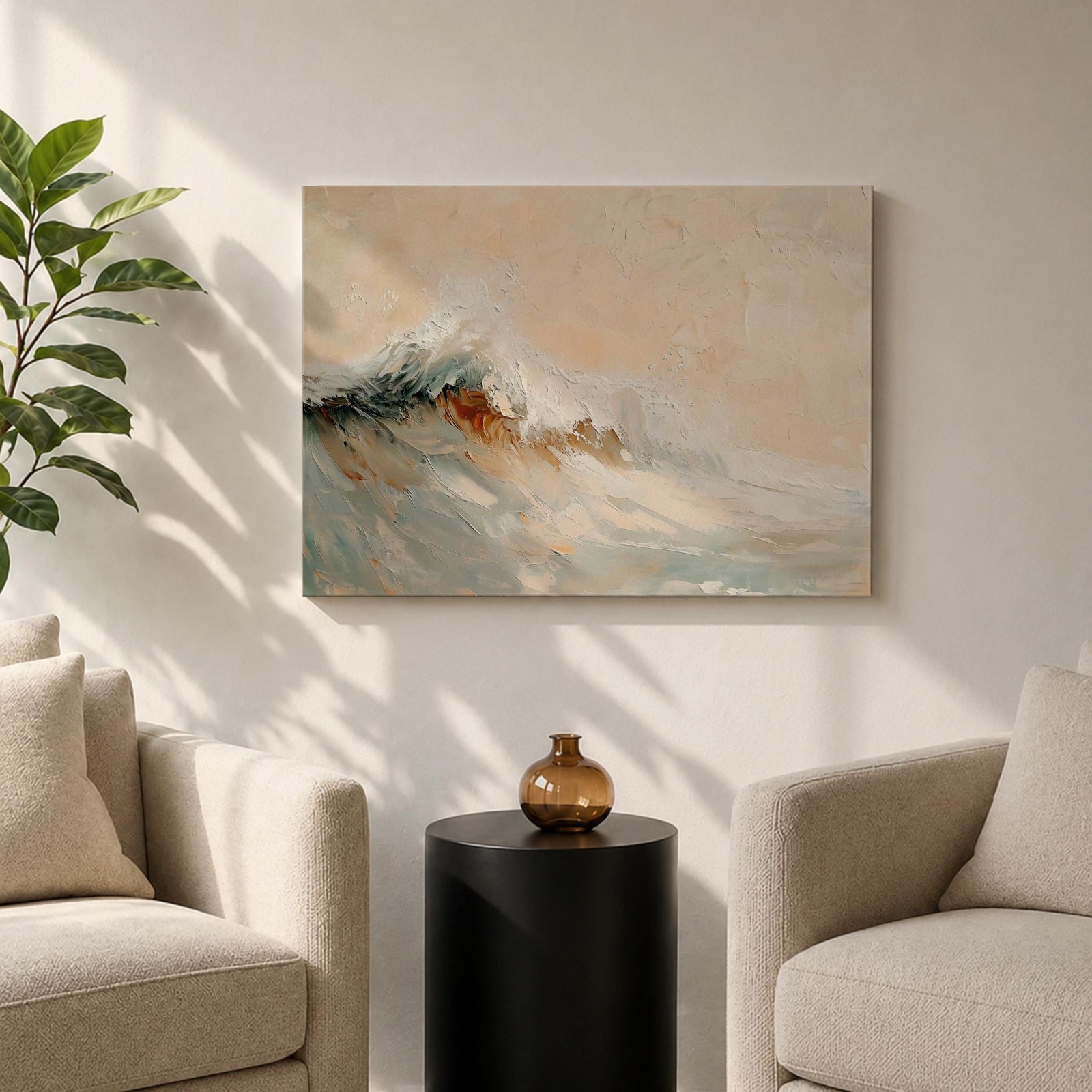 A framed canvas painting depicting a dynamic ocean wave crashing with textured brushstrokes, capturing the natural movement and energy of the sea in a realistic seascape style. The artwork emphasizes the fluidity and power of coastal waters with soft blending and detailed wave crests.