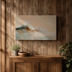A framed canvas painting depicting a dynamic ocean wave crashing with textured brushstrokes, capturing the natural movement and energy of the sea in a realistic seascape style. The artwork emphasizes the fluidity and power of coastal waters with soft blending and detailed wave crests.