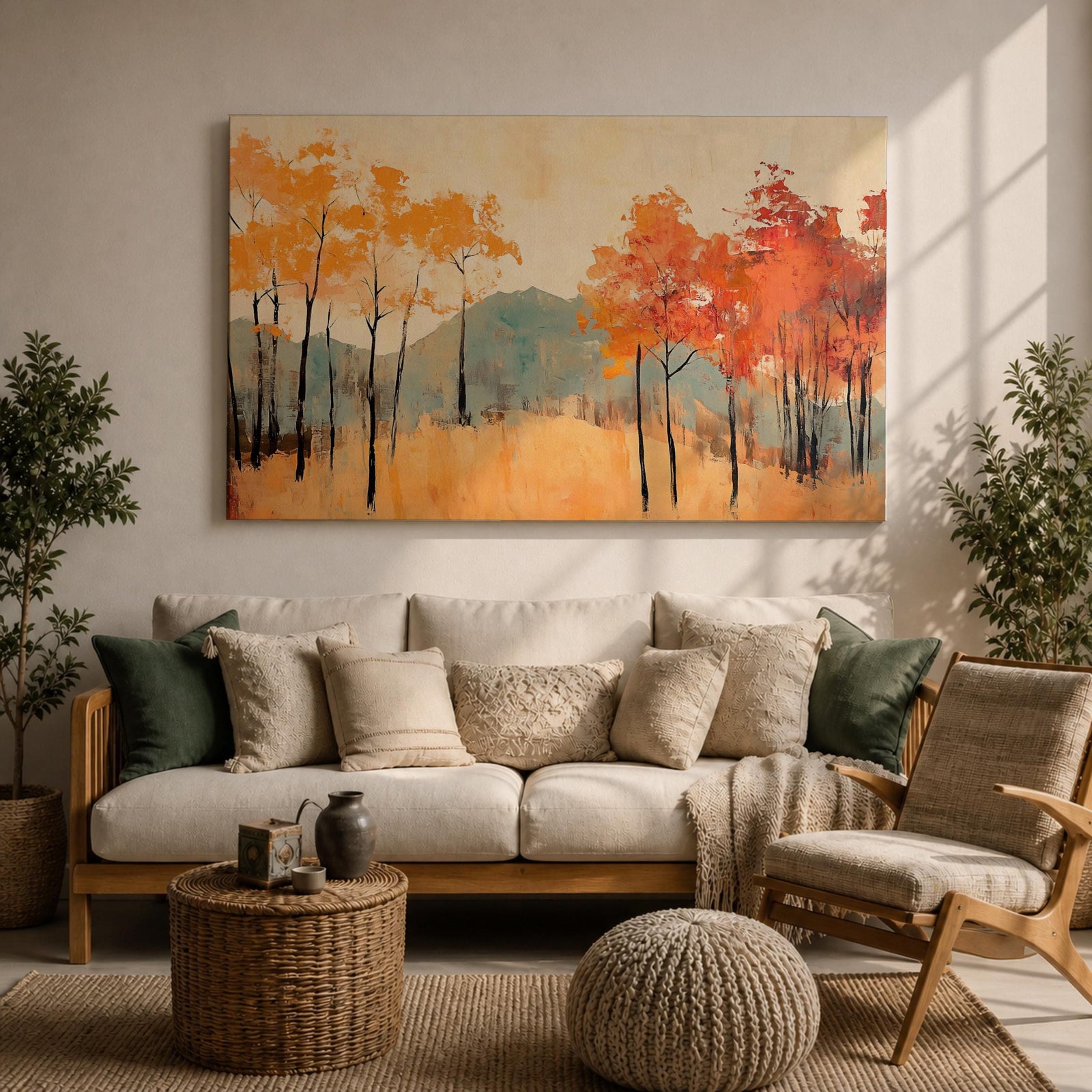 A framed abstract painting of an autumn forest landscape featuring tall slender trees with orange and red foliage and a muted mountain backdrop. The composition uses textured brush strokes to create a modern impression of fall trees in a natural setting.