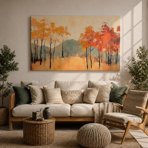 A framed abstract painting of an autumn forest landscape featuring tall slender trees with orange and red foliage and a muted mountain backdrop. The composition uses textured brush strokes to create a modern impression of fall trees in a natural setting.
