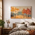 A framed abstract painting of an autumn forest landscape featuring tall slender trees with orange and red foliage and a muted mountain backdrop. The composition uses textured brush strokes to create a modern impression of fall trees in a natural setting.