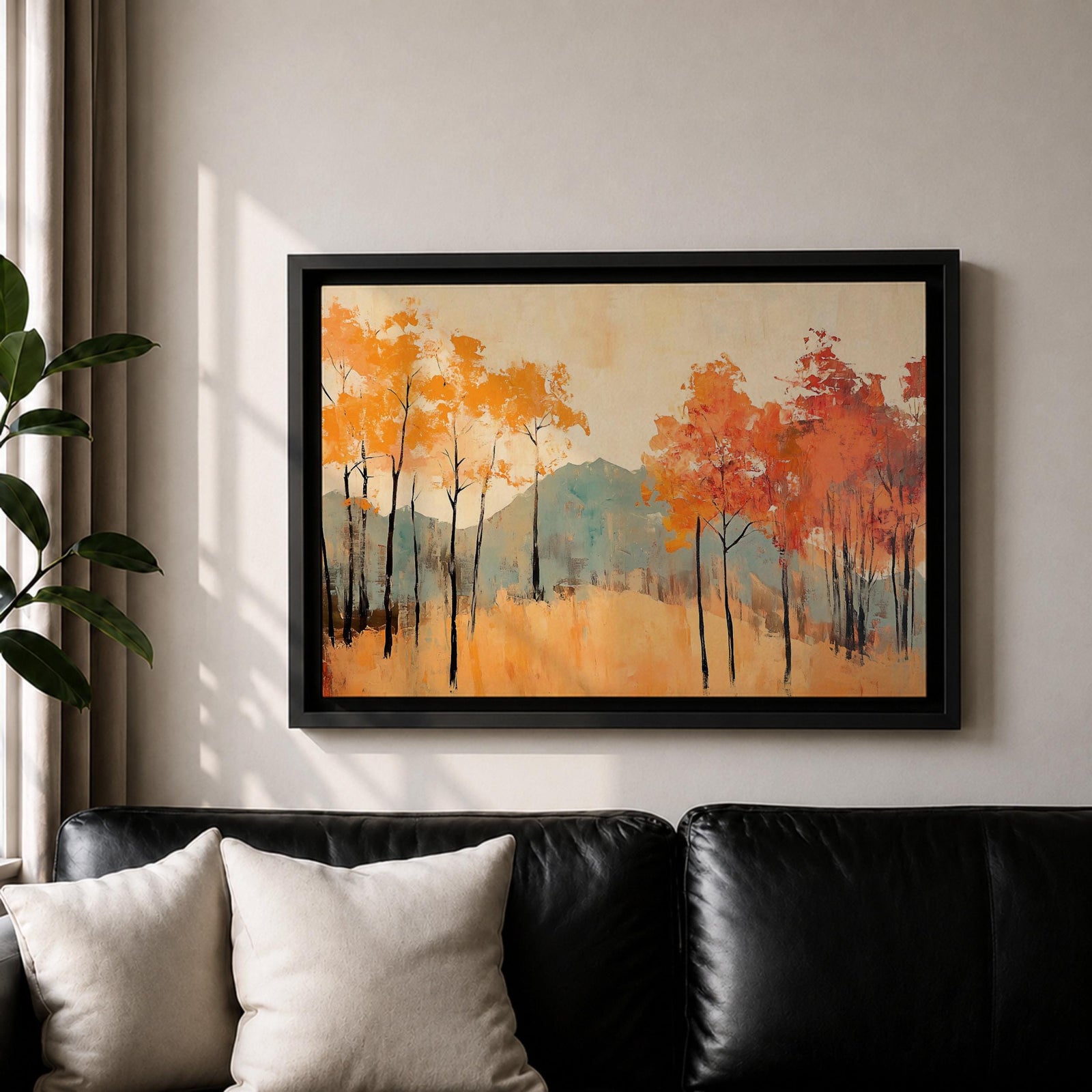 A framed abstract painting of an autumn forest landscape featuring tall slender trees with orange and red foliage and a muted mountain backdrop. The composition uses textured brush strokes to create a modern impression of fall trees in a natural setting.