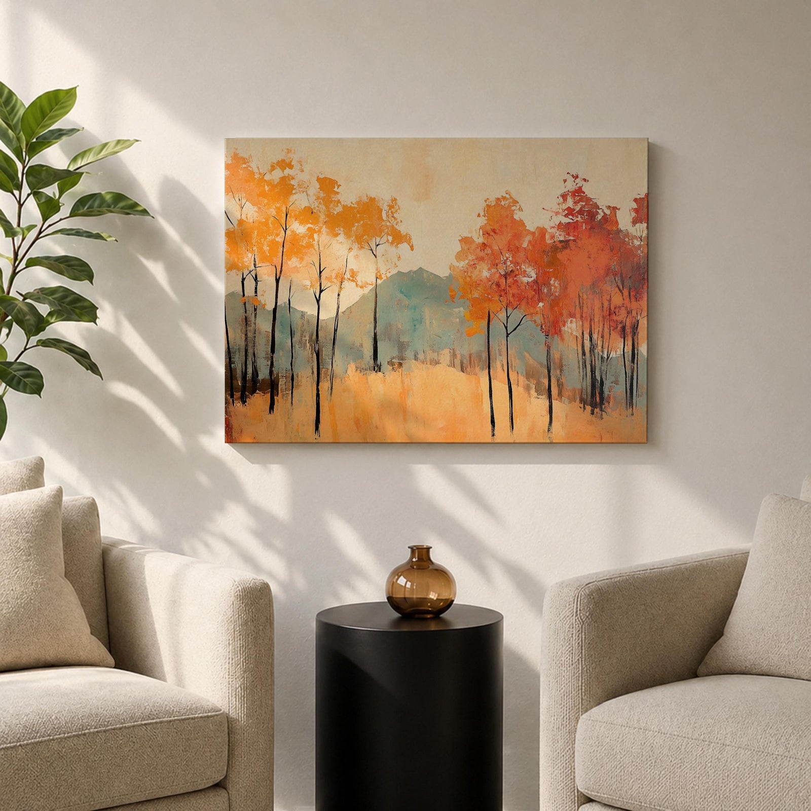 A framed abstract painting of an autumn forest landscape featuring tall slender trees with orange and red foliage and a muted mountain backdrop. The composition uses textured brush strokes to create a modern impression of fall trees in a natural setting.