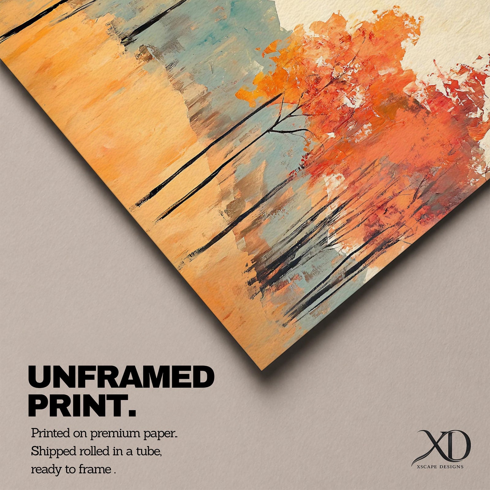 A framed abstract painting of an autumn forest landscape featuring tall slender trees with orange and red foliage and a muted mountain backdrop. The composition uses textured brush strokes to create a modern impression of fall trees in a natural setting.