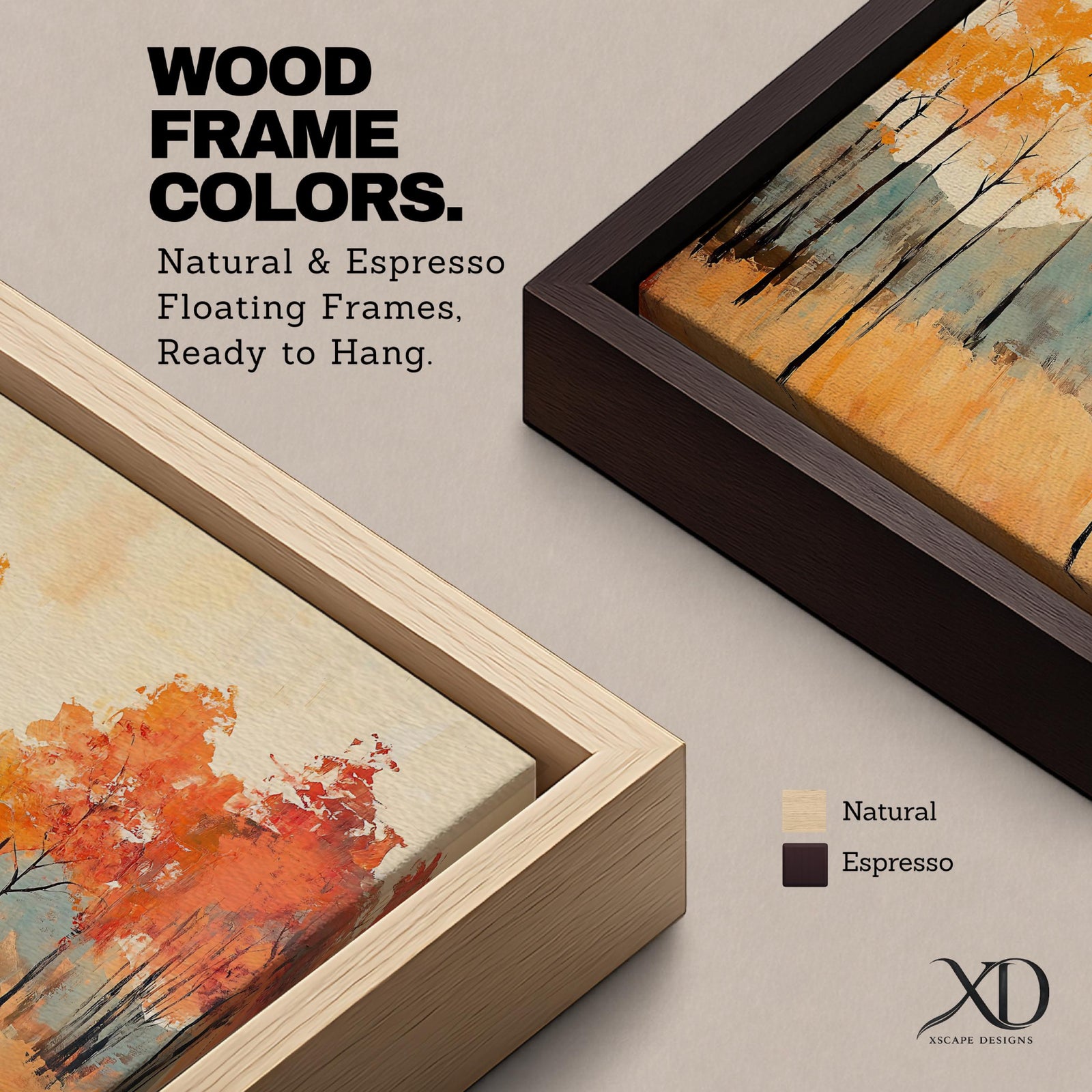 A framed abstract painting of an autumn forest landscape featuring tall slender trees with orange and red foliage and a muted mountain backdrop. The composition uses textured brush strokes to create a modern impression of fall trees in a natural setting.