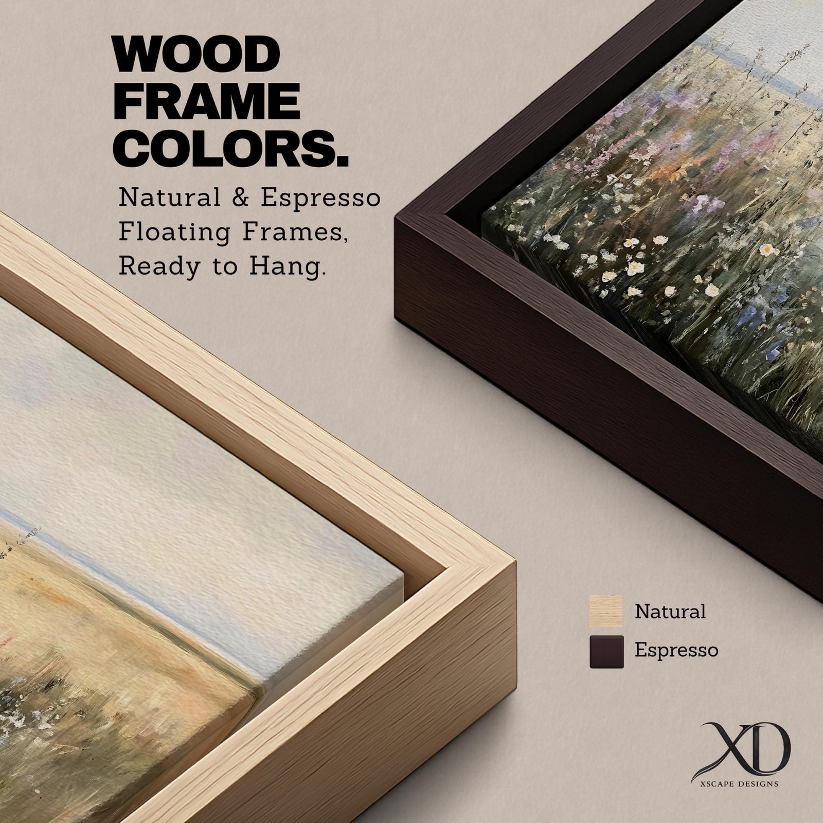 A vintage-style oil painting print depicting a wildflower meadow with various delicate flowers and grasses in soft, neutral tones. The artwork captures the natural beauty of field plants with textured brushstrokes and an impressionistic style, framed in a warm wooden frame.