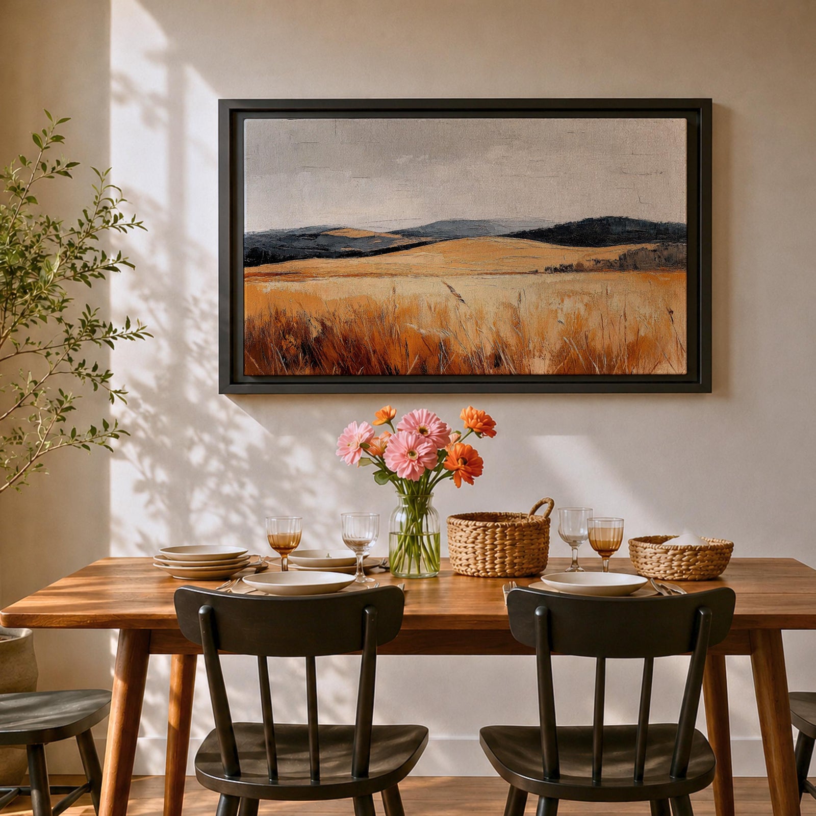 A vintage-style framed canvas painting depicting a vast landscape of golden fields and rolling hills under a muted sky. The textured brushstrokes emphasize the natural prairie scene with tall grasses in the foreground and distant hills, capturing a serene rural environment.
