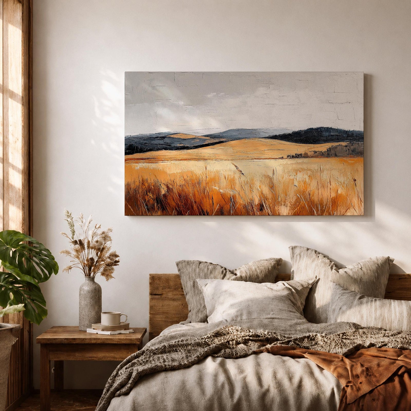 A vintage-style framed canvas painting depicting a vast landscape of golden fields and rolling hills under a muted sky. The textured brushstrokes emphasize the natural prairie scene with tall grasses in the foreground and distant hills, capturing a serene rural environment.