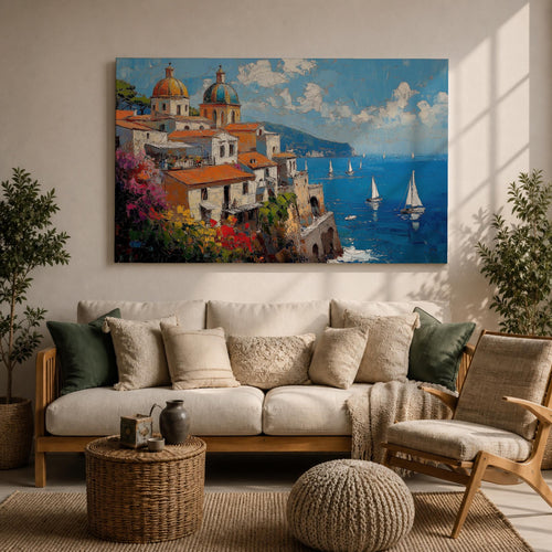 An impasto oil painting depicting the Amalfi Coast with white buildings topped by domes and orange roofs perched on cliffs overlooking a vibrant blue sea dotted with sailboats under a partly cloudy sky, rendered in thick textured brushstrokes capturing the Mediterranean coastal landscape.