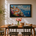 An impasto oil painting depicting the Amalfi Coast with white buildings topped by domes and orange roofs perched on cliffs overlooking a vibrant blue sea dotted with sailboats under a partly cloudy sky, rendered in thick textured brushstrokes capturing the Mediterranean coastal landscape.